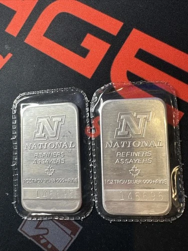 (2) Bar Lot Vintage 1 Troy Oz .999 Fine Silver National Refiners Sealed 95/96