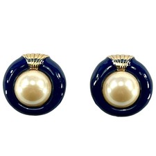Donald Stannard Blue Gold Clip On Earrings 1980s Big Showy Faux Pearl Cabochon