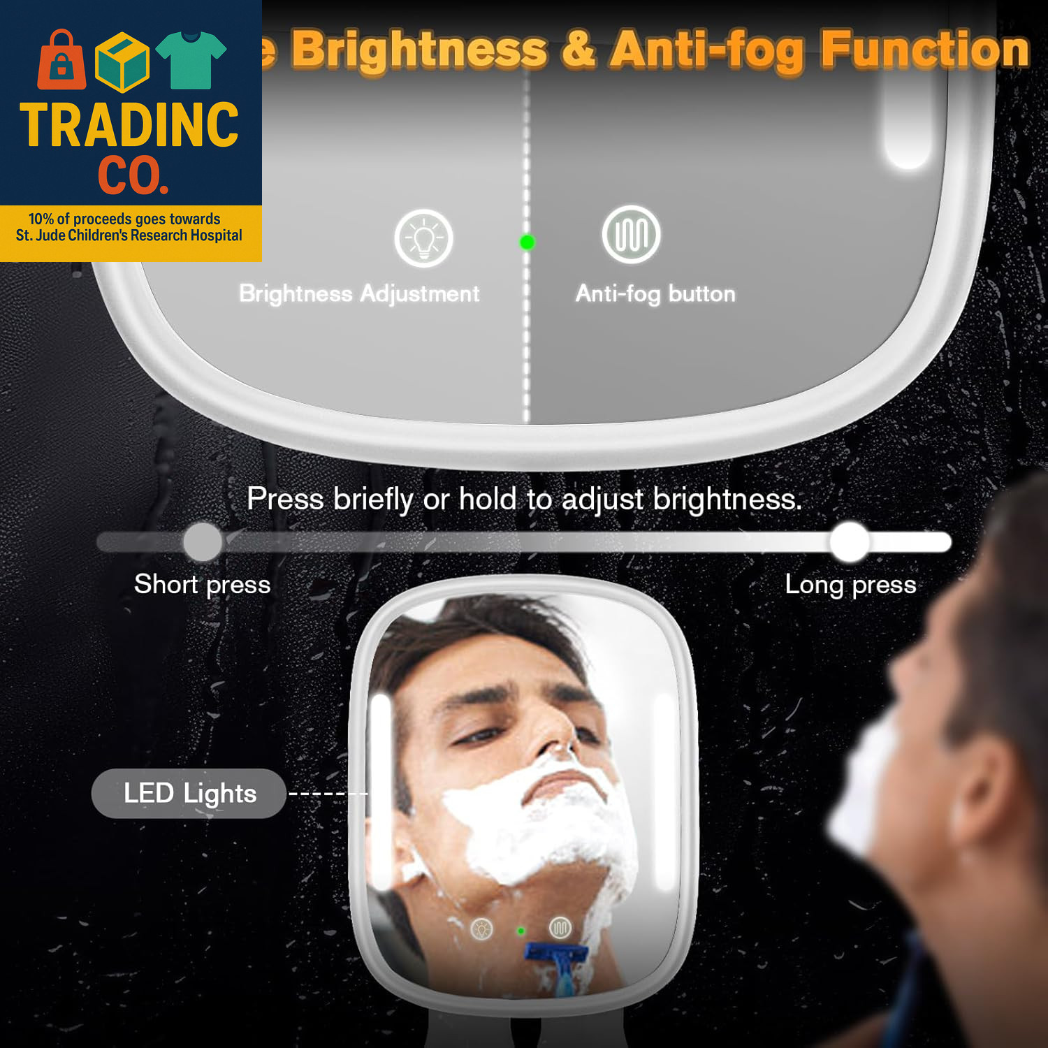 Heated Shower Mirror Fogless for Shaving with Light, Rechargeable Battery, Detac