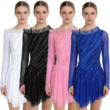 Women Lyrical Dance Costume Rhinestones Dancewear Ruched Dress Stage Mesh Shiny