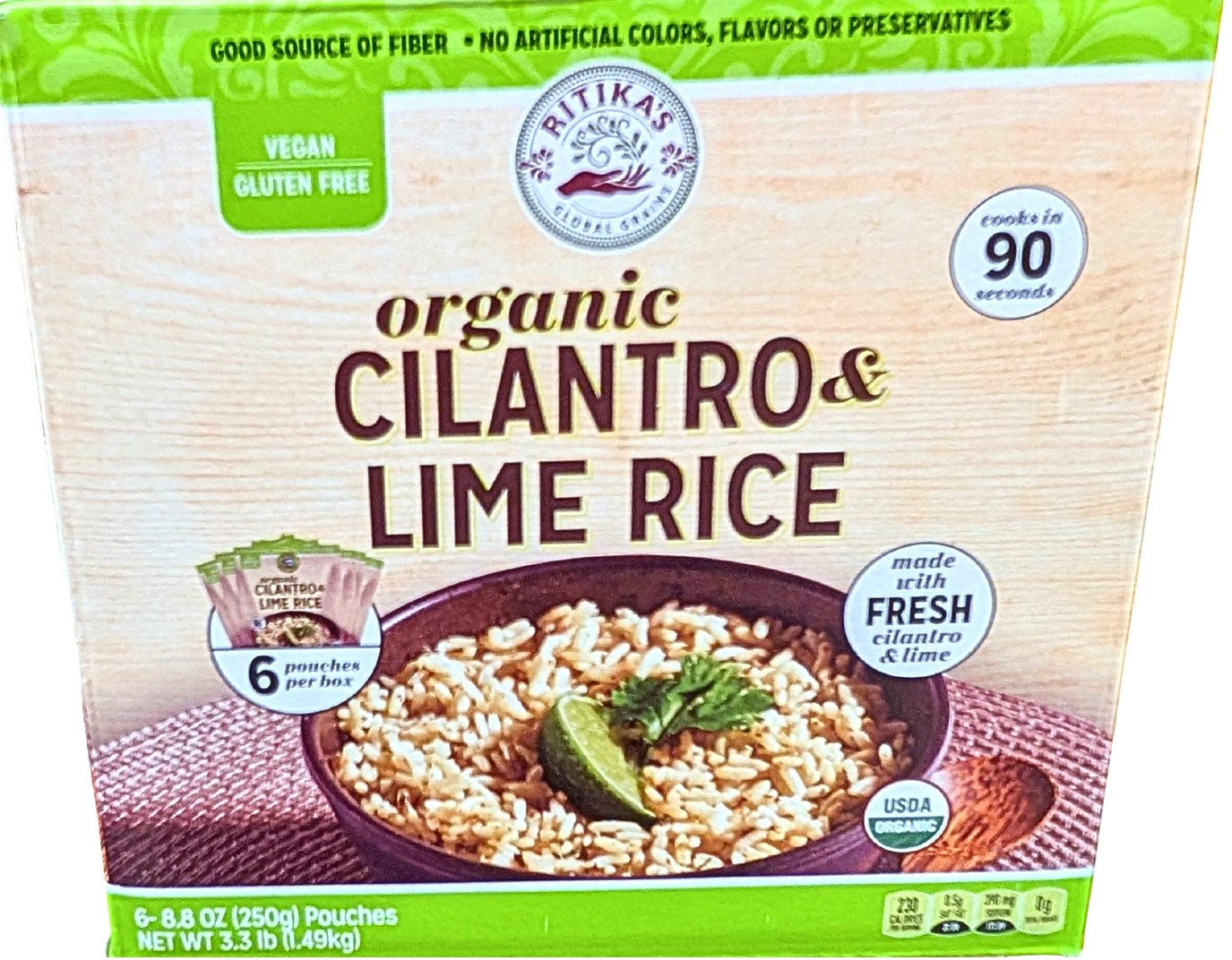 Ritika's Organic Cilantro Lime Rice Gluten Free 6x8.8 Ounce Pouches EXP 03/2027