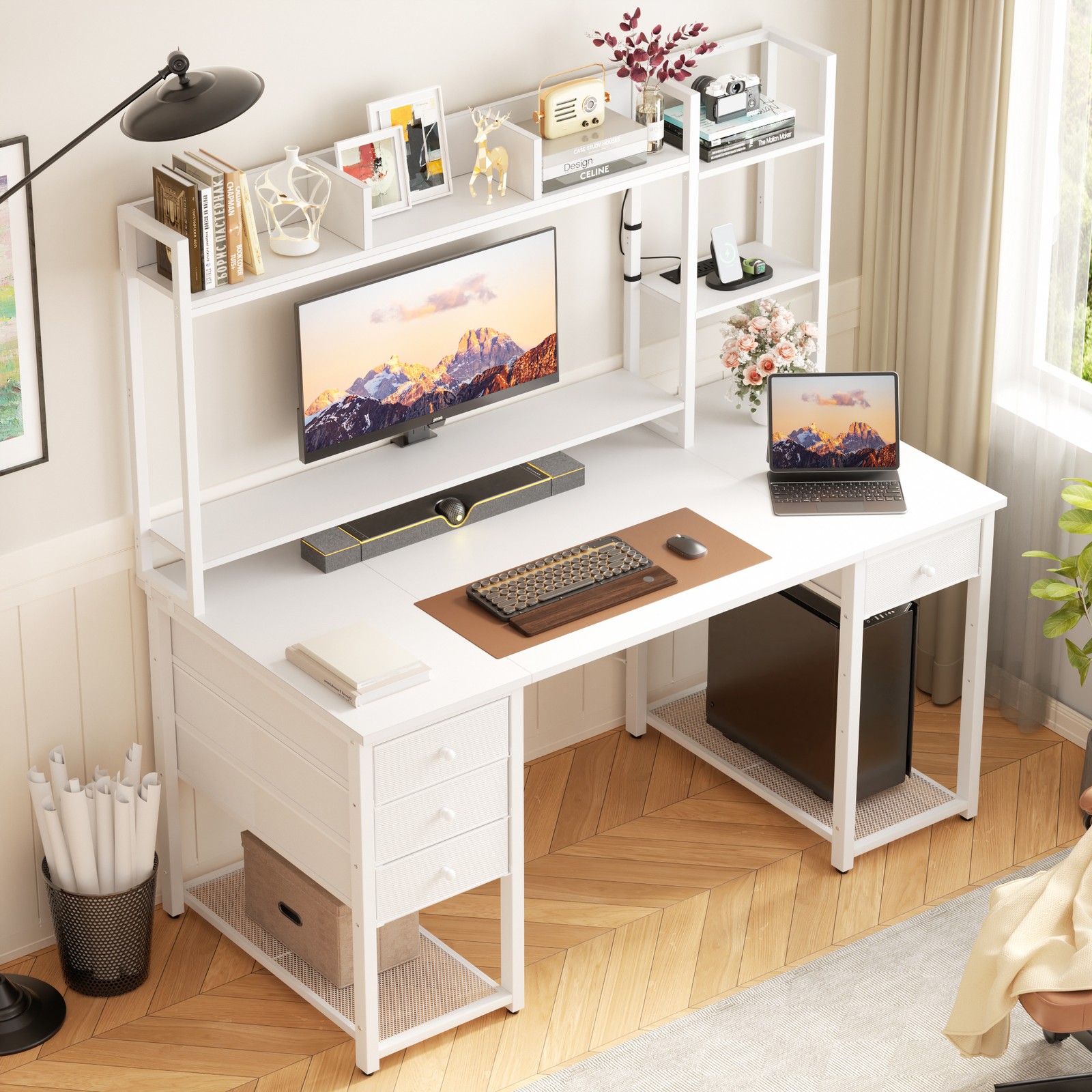 47'' Computer Desk with Hutch and Drawers, Gaming Desk with Charge Station ＆ LED