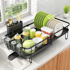 SNTD Dish Drying Rack, Expandable Rack for Kitchen Counter, Metal Black