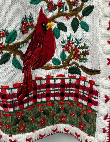 VTG Knit Christmas Winter Cardigan Sweater M Embroidered Beaded Birds Grannycore - Picture 8 of 9