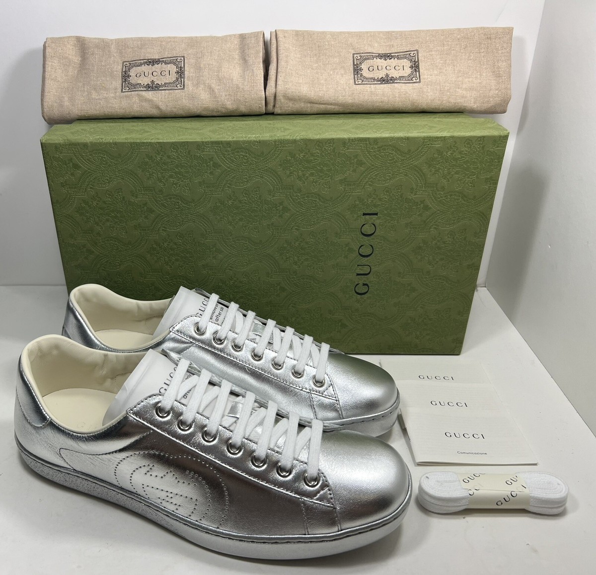 Brand New Gucci Ace Silver Men's Leather G Logo 660266 B8B20 8106