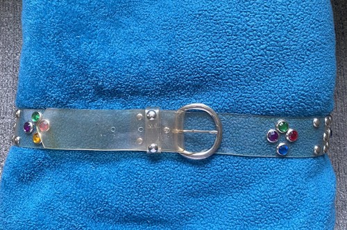 Vintage 80's Clear Plastic Belt SZ 31 Med Studded Rhinestones Red Rock Punk Gems - Picture 2 of 12