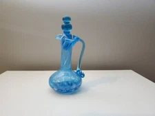 Rainbow Art Glass Cruet AQUA Turquoise in Blue w White Spatter Spots w Stopper