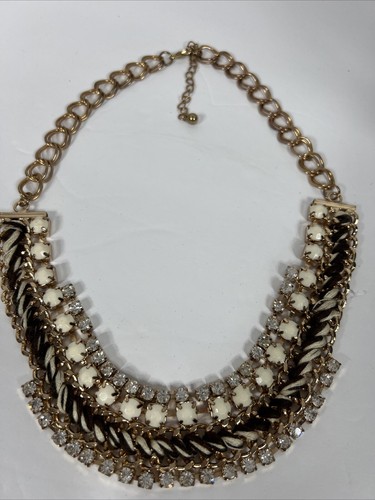 Ann Taylor LOFT Women's Beige&Brown Ribbon Gold Link Crystal Fan Necklace - Picture 2 of 7