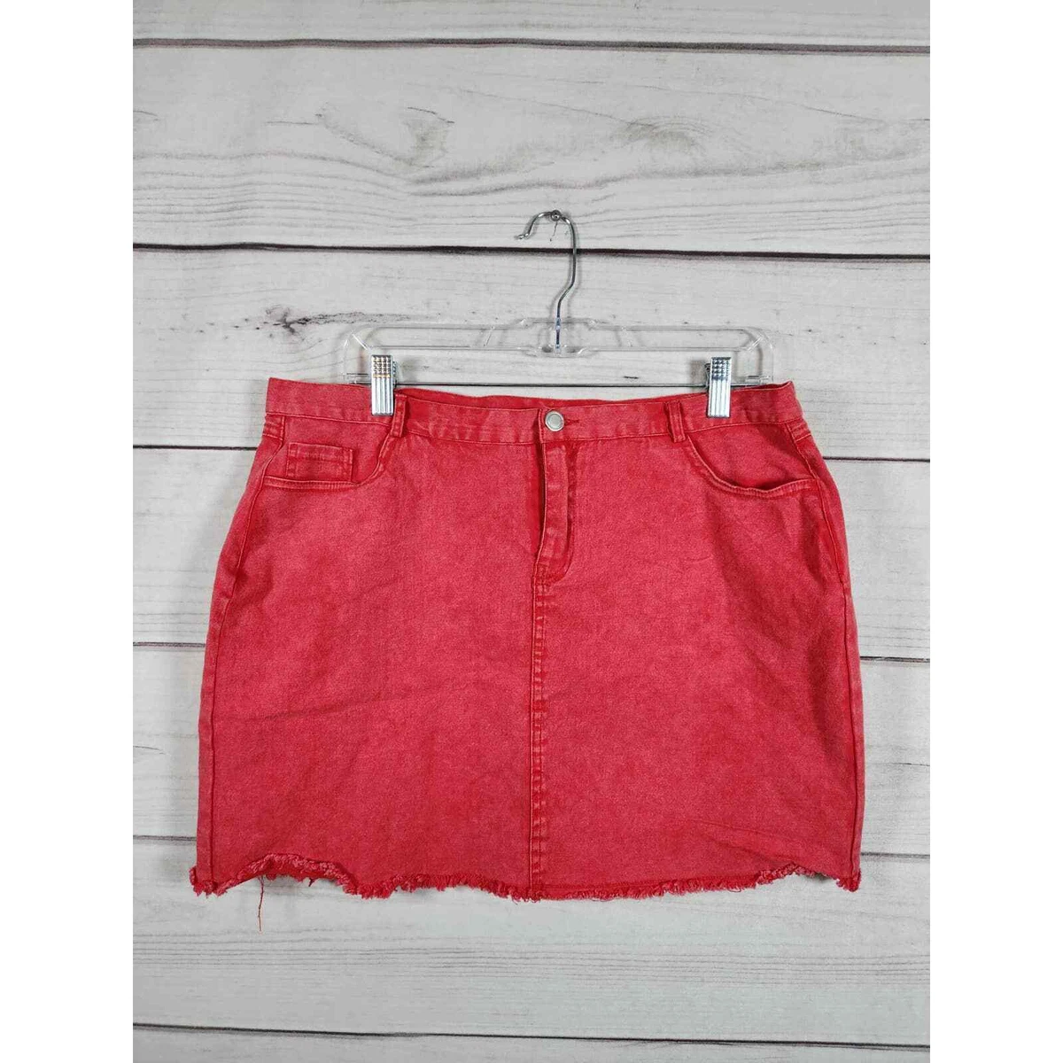 Fashion Nova Womens Denim Pencil Mini Skirt Raw Hem Pockets Red Plus Size 2X