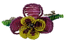 BARRETTE HAND BEADED FRENCH HAIR CLIP PANSY PURPLE AND YELLOW 4" X 2.5" LG