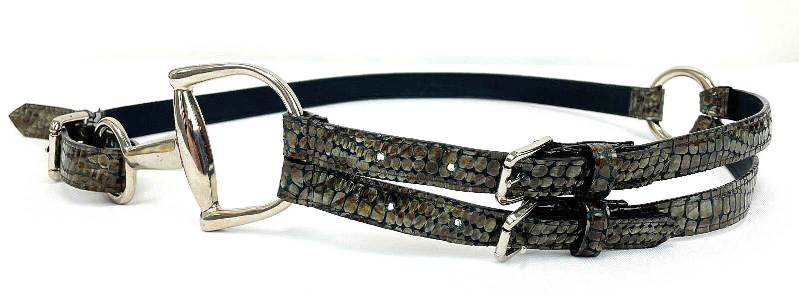 NEW SANDY DUFTLER Snaffle Bit Snake Embossed Print Leather Belt 38 Green image 2