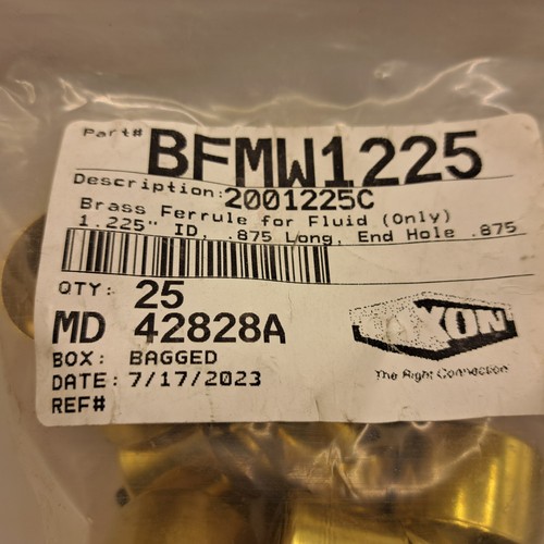 Dixon BFMW1225 Brass Ferrule 1.225 ID .875 Long .875 End Hole 25 In Pack - Picture 3 of 7