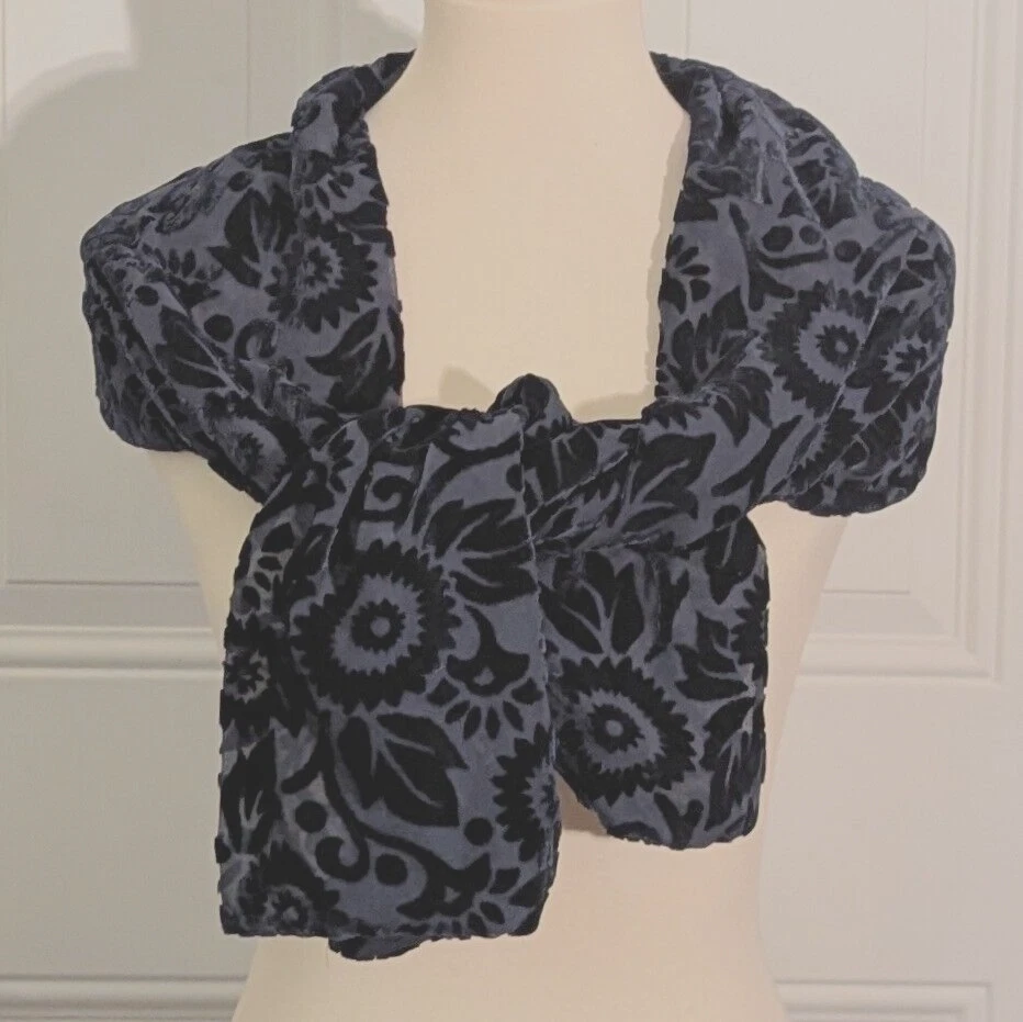 Bufanda rectangular vintage de terciopelo azul zafiro Burnout floral base transparente Foto 4 de 4