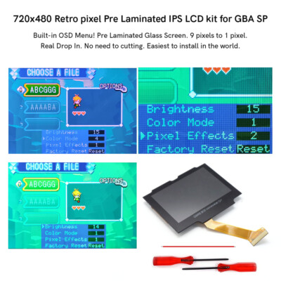 High Backlight 720x480 Pre-Laminated Retro Pixel IPS LCD Screen+Shell For GBA SP