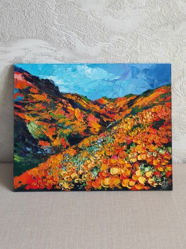 original oil painting California Poppy landscape mountain artwork Floral 8*10 in - Picture 4 of 9