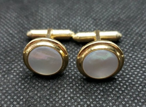 Vtg Krementz Mother Of Pearl Cufflinks Round Goldtone Art Deco