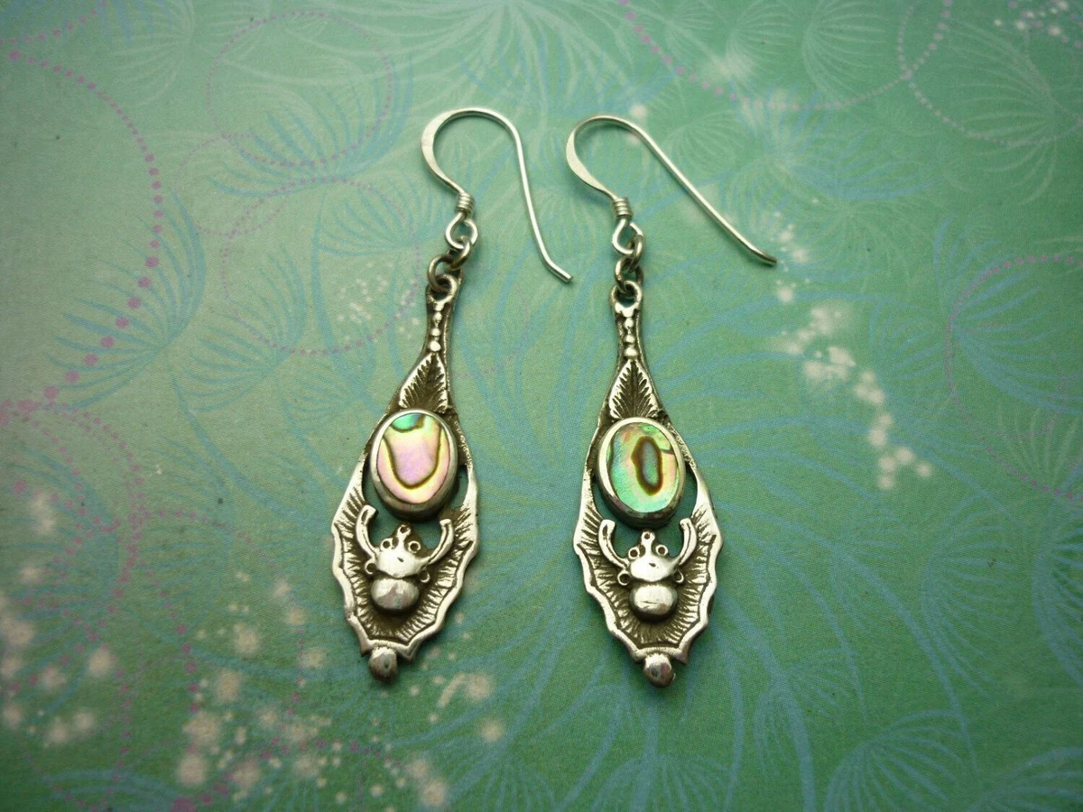 Quirky Gothic Gift Vintage Sterling Silver Earrings Paua Shell Bats 925