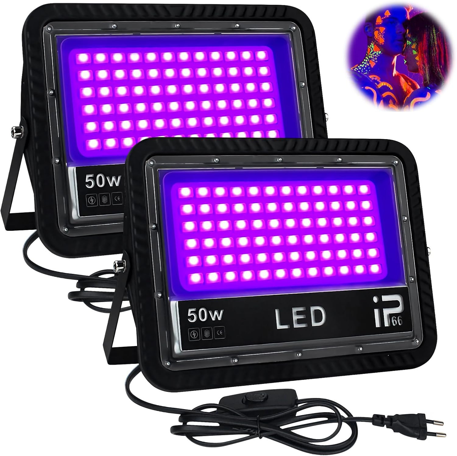 Coppia Faretti Luce Nera UV 50W | Esterno e Interno con Interruttore