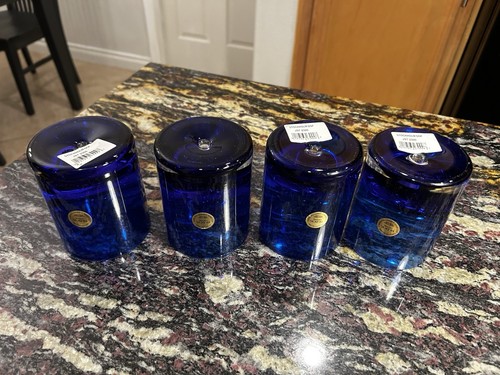 Cobalt Blue Block Stockholm Double Old Fashioned Whiskey Glasses Bubble Lot (4) - Picture 6 of 9