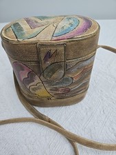 Vtg. Oval Box Handpainted Abstract Pattern Crossbody Bucket Purse 6.5X6.5