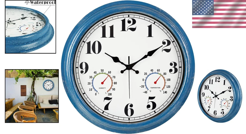 Silent Sweep 16-Inch Blue Clock - Waterproof, Retro Design for Indoor & Outdoor - Image 2 of 4