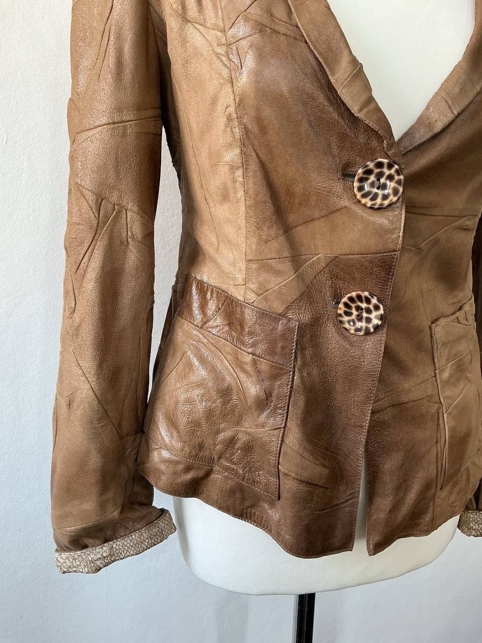 Giorgio Armani Vintage 1980 Lamb Leather Blazer Silk Lined Leopard Button Jacket image 2