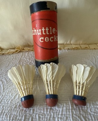 Vintage HANDMADE Badminton Shuttlecocks w/Real Feathers in Original Canister