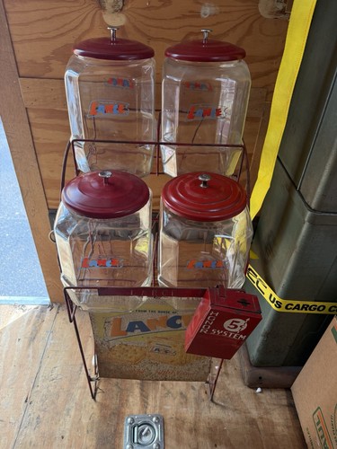 LANCE CRACKER DISPLAY W/ 4 JARS AND LIDS RACK & SIGN AND HONOR BOX FOR COINS