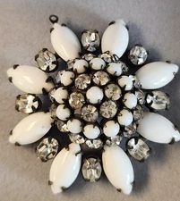 RARE Vintage Signed Schreiner Milk Glass & Rhinestone High Domed Pendent 2In