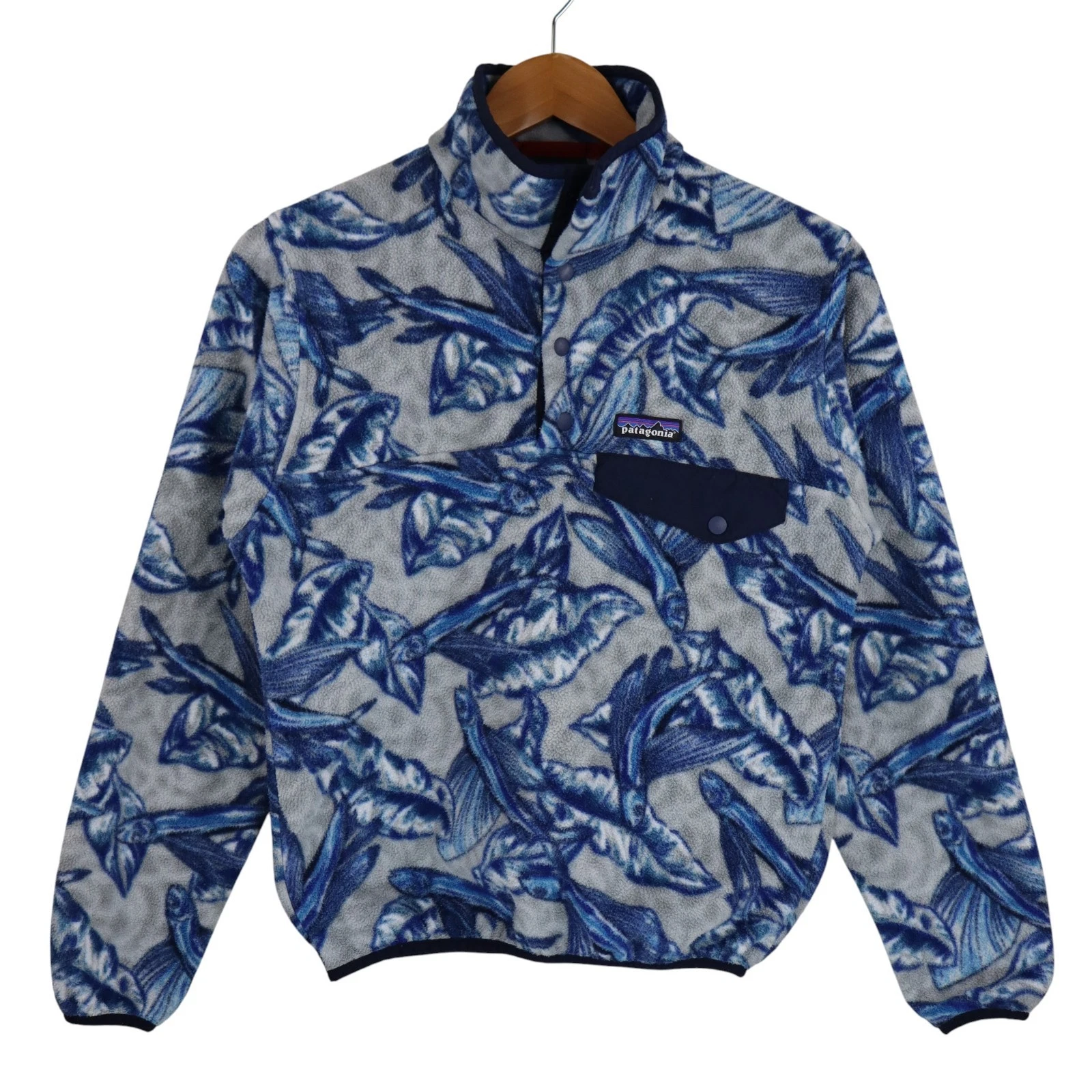 Patagonia Flying Fish Synchilla Snap-T Fleece Jacket Mens XXS Blue Fish Vtg Coat