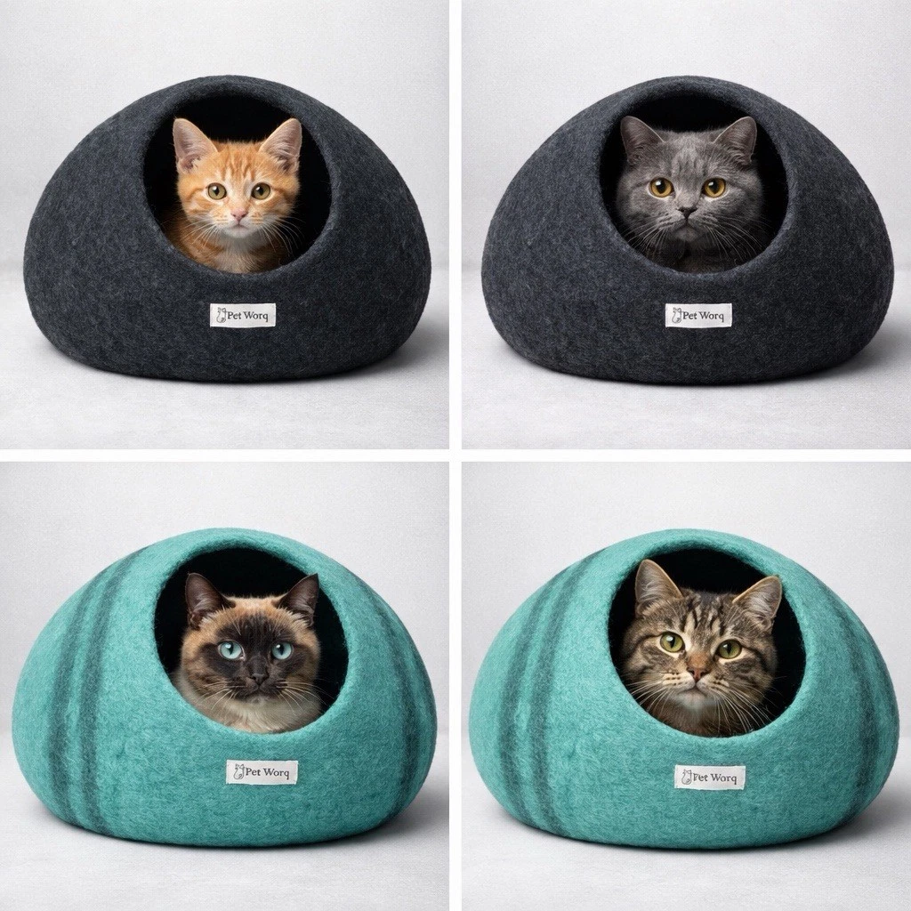 Pet Worq Felt Wool Blend Cat Cave Bed Gray Cozy Hideaway Soft Warm Durable