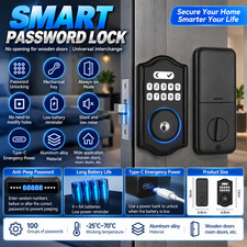 Smart Keypad Door Lock Keyless Entry Password Key Type-C Emergency Power