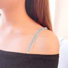 2 Paia Spalline Reggiseno Con Strass - Regolabili, Antiscivolo, Per Abiti Scollati - Nero E Argento - Foto 3