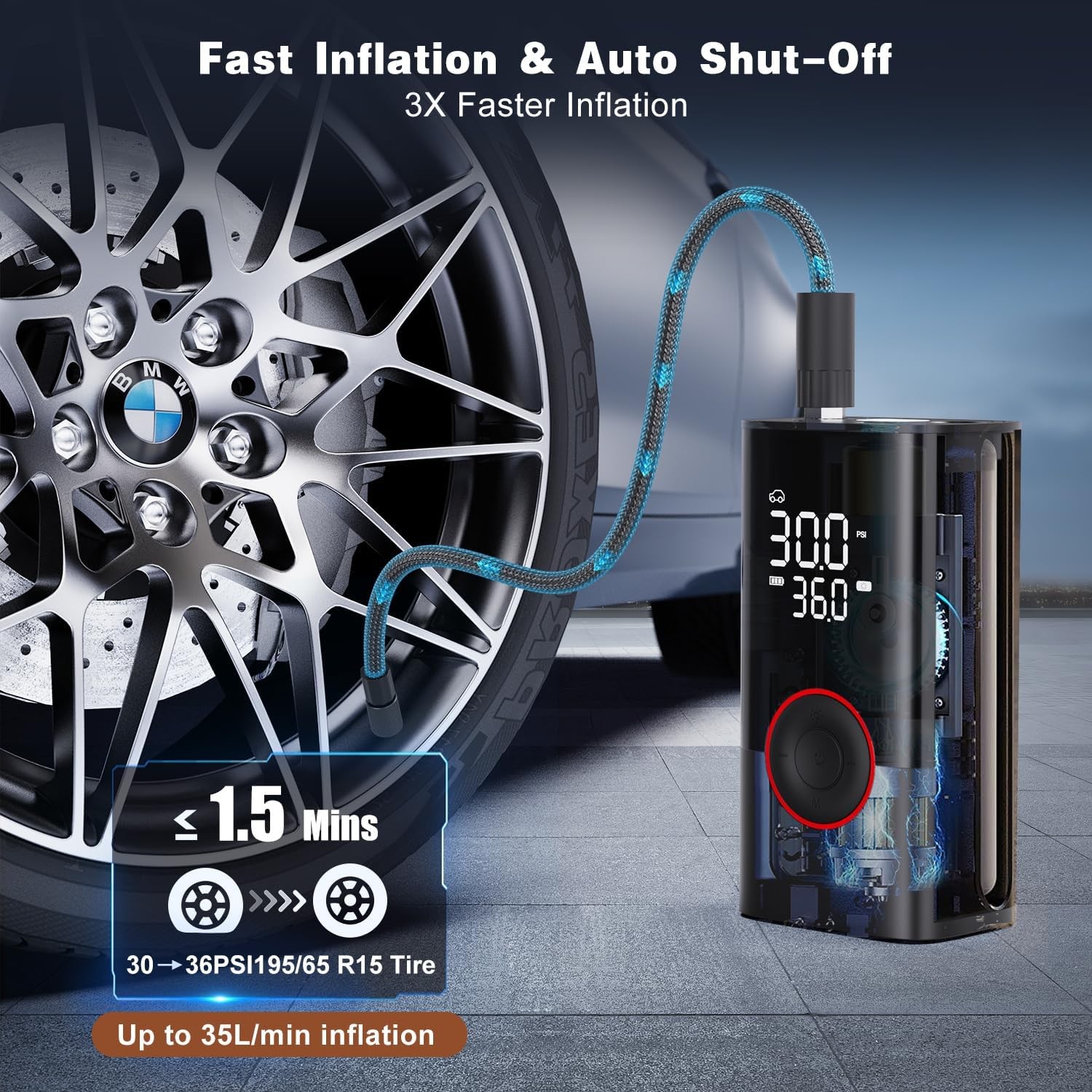 Tire Inflator Portable Air Compressor - Portable Cordless Mini Air Pump with Dig