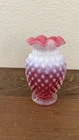 Fenton Cranberry and White Opalescent Hobnail 4 Inch Fluted Bud Vase