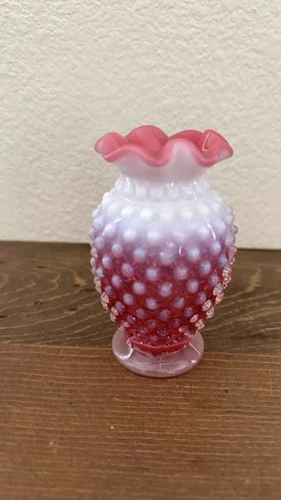 Fenton Cranberry and White Opalescent Hobnail 4 Inch Fluted Bud Vase
