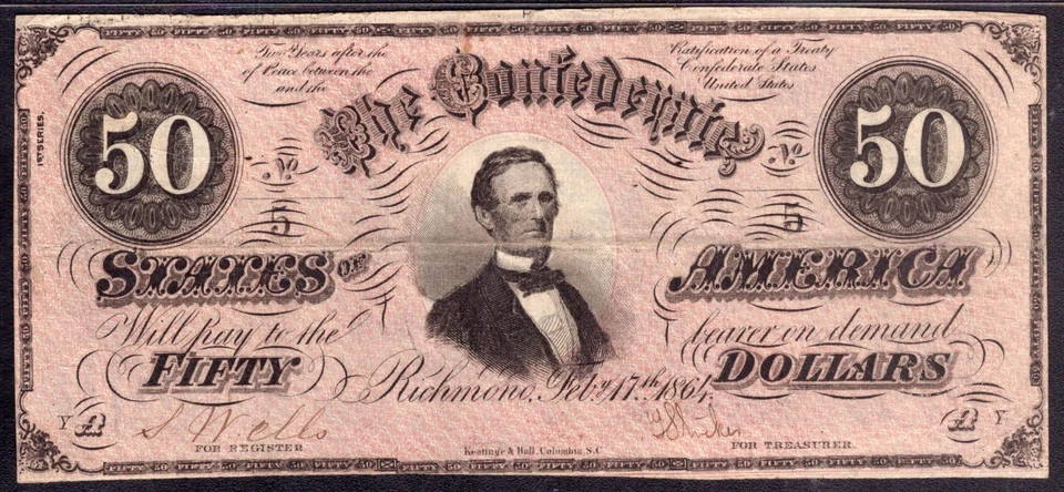 1864 $50 CONFEDERATE STATES OF AMERICA NOTE T-66 LOW SERIAL #5 PMG VF 25 - Image 3 of 4