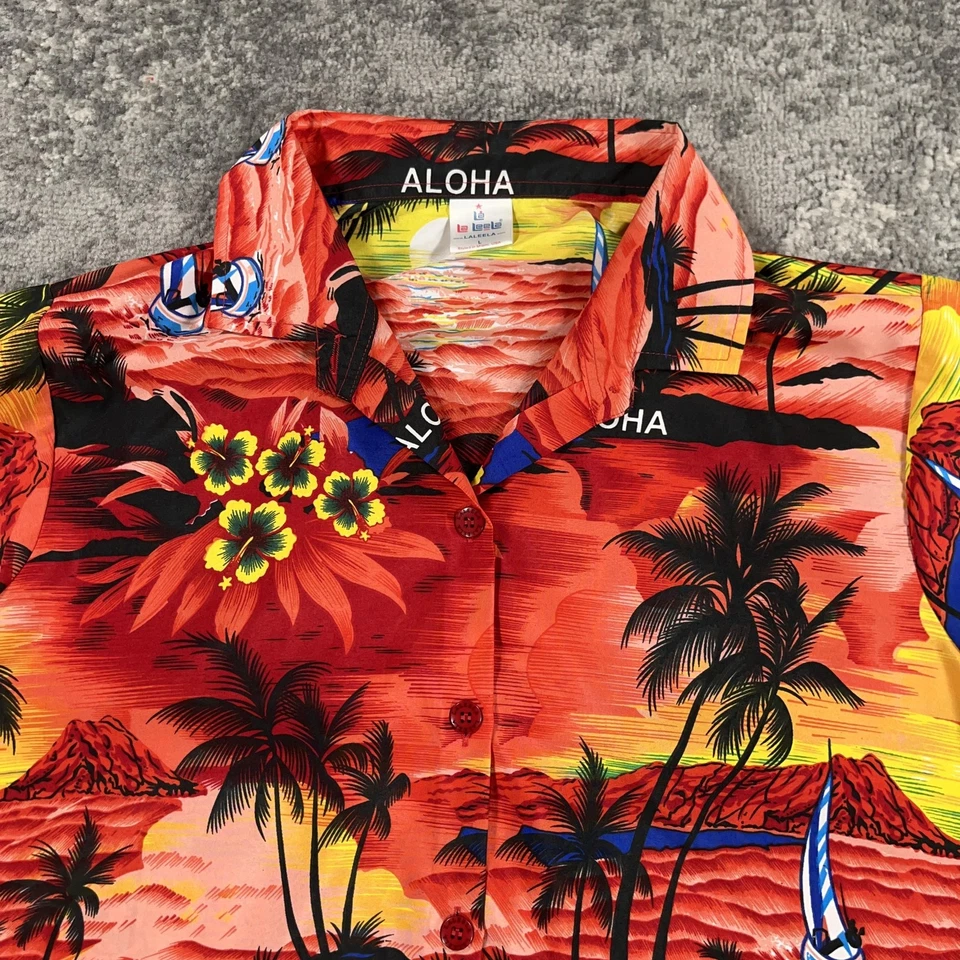 La Leela Hawaiian Shirt Womens Large Aloha Sunset Palm Tree Floral Beach Casual - Image 2 of 4