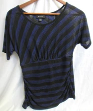 AB Studio Womens Top Blue & Black Striped Empire SS Top Ruched Side SZ M GUC