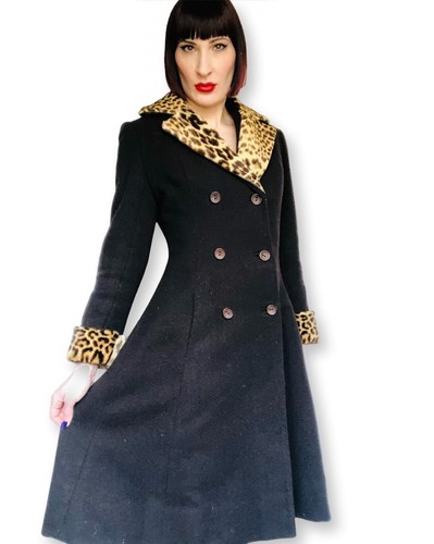 Vintage 1940s 1950s Leopard Print Fur Trim Black Wool Coat Matching Bag Purse - Picture 7 of 13