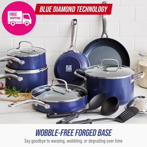 Blue Diamond 14-Piece Ceramic Cookware Set PFAS-Free Dishwasher Oven Safe Blue - Picture 8 of 12
