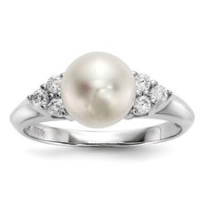 Sterling Silver 9mm Button Freshwater Cultured Pearl Cubic Zirconia Ring Size 7