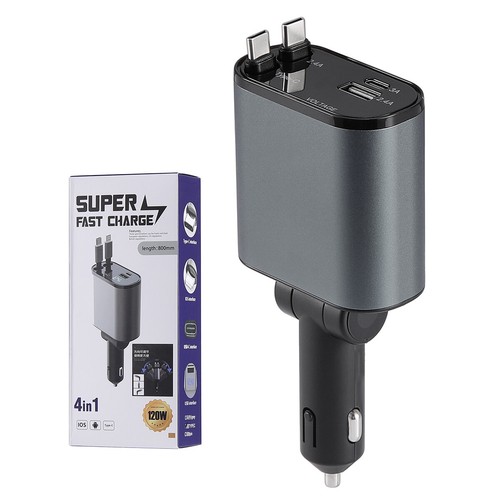 Retractable Car Charger Cable 4 IN 1 Dual Port USB C PD Fast Charging Adapter US - Picture 12 of 12