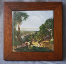 H  R Johnson ENGLISH Country Scene TILE WOOD FRAMED  FOOTED TRIVET - 8 5/8"
