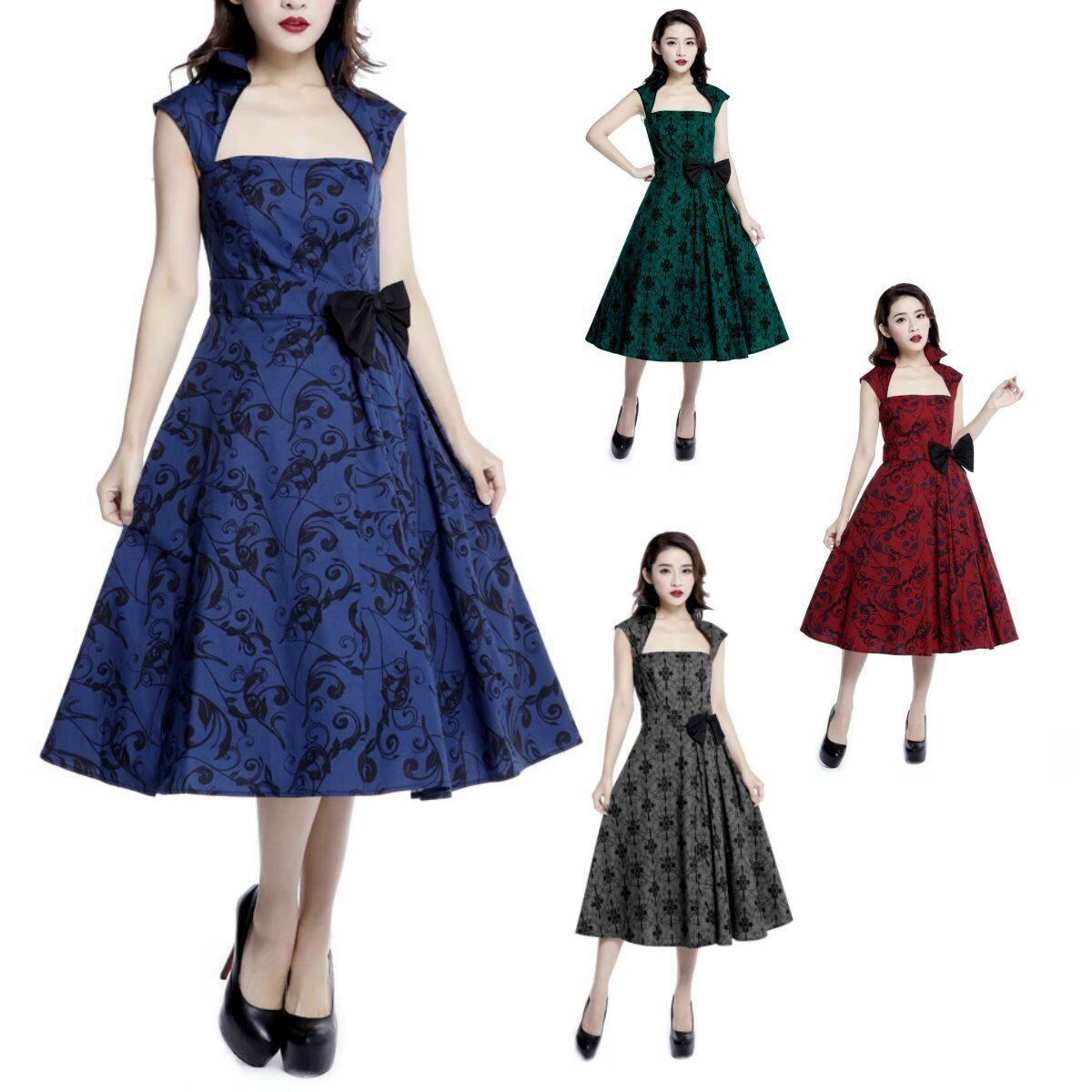 Cstd Damen Kleid Rockabilly 50er 60er Jahre Schleife Print Grosse 36 Bis 58 Ebay