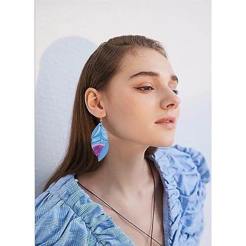 ANXIN boho unique Leather Earrings 2 Layered Blue Faux Leather Leaf Earrings - Picture 3 of 6