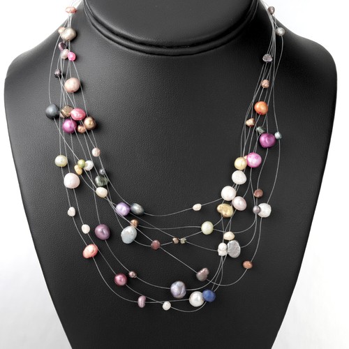 16 Inch Long 8-Row Multi-Color Cultured Freshwater Pearl Necklace for Women - Picture 4 of 5