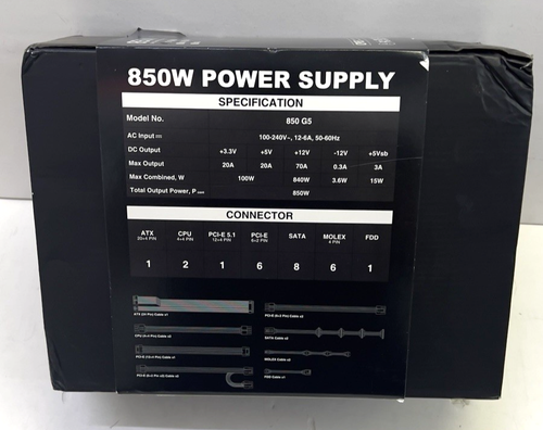 Vetroo 850W Power Supply Dual PCIe 5.1 ATX 3.1 Ready, 80 Plus Gold Kit - Afbeelding 3 van 6