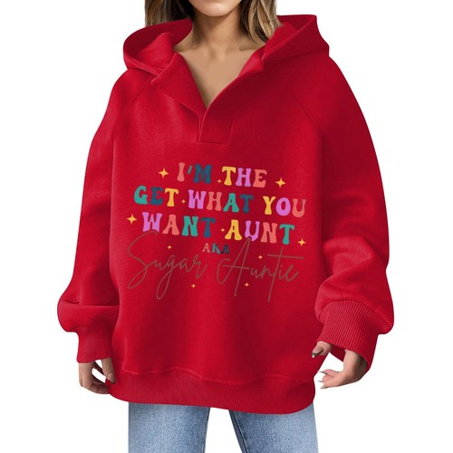 Women's Printed Long Sleeve V- Neck Casual Hooded Pocket Pullover Sweatshirt Top - Picture 31 of 37