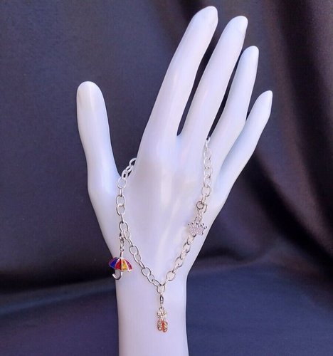 Solid 925 Sterling Silver Umbrella Ballet Shoes Crown CZ Cable Bracelet - Imagen 12 de 12